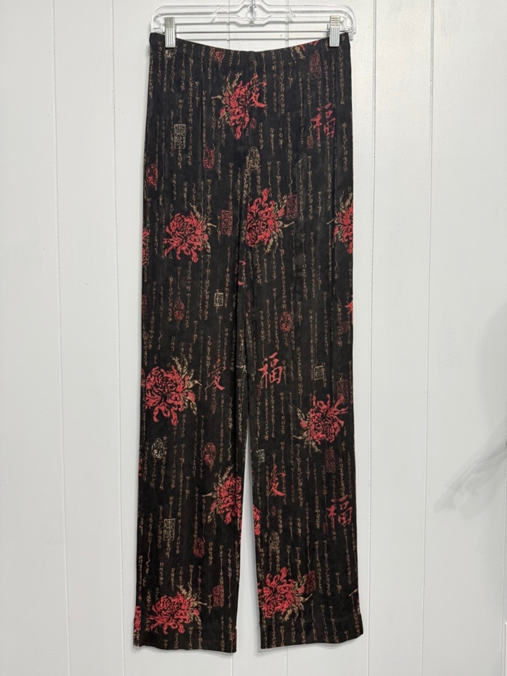 #6)  Black Wide-Leg Stretch Pants with Red Floral & Tan Script Print